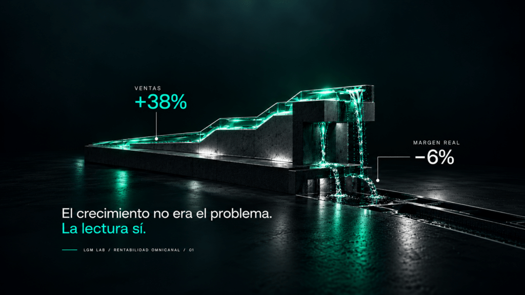 Ilustración editorial sobre rentabilidad omnicanal: las ventas crecen un 38% mientras el margen real cae un 6%, mostrando que el crecimiento no siempre implica rentabilidad.