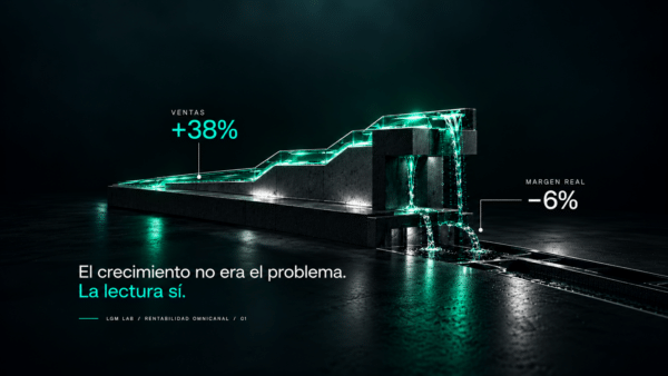 Ilustración editorial sobre rentabilidad omnicanal: las ventas crecen un 38% mientras el margen real cae un 6%, mostrando que el crecimiento no siempre implica rentabilidad.